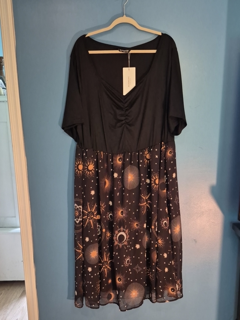 BloomChic Black Midi Dress with Gold Celestial Print